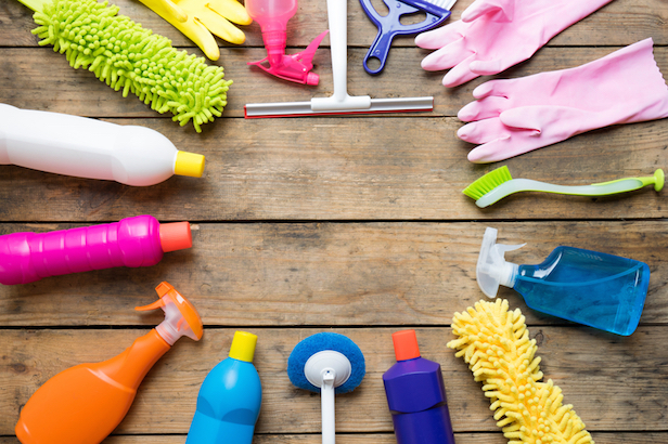 House cleaning product on wood table